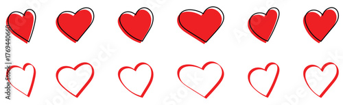 Vintage hand-made abstract heart icons set on isolated page. Modern graphical outline heart set. EPS 10. 