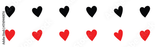  Abstract graphical doodle love icon drawing. Isolated Red and Black love heart icon set on white background. Modern hand-drawn valentines love icon set. 