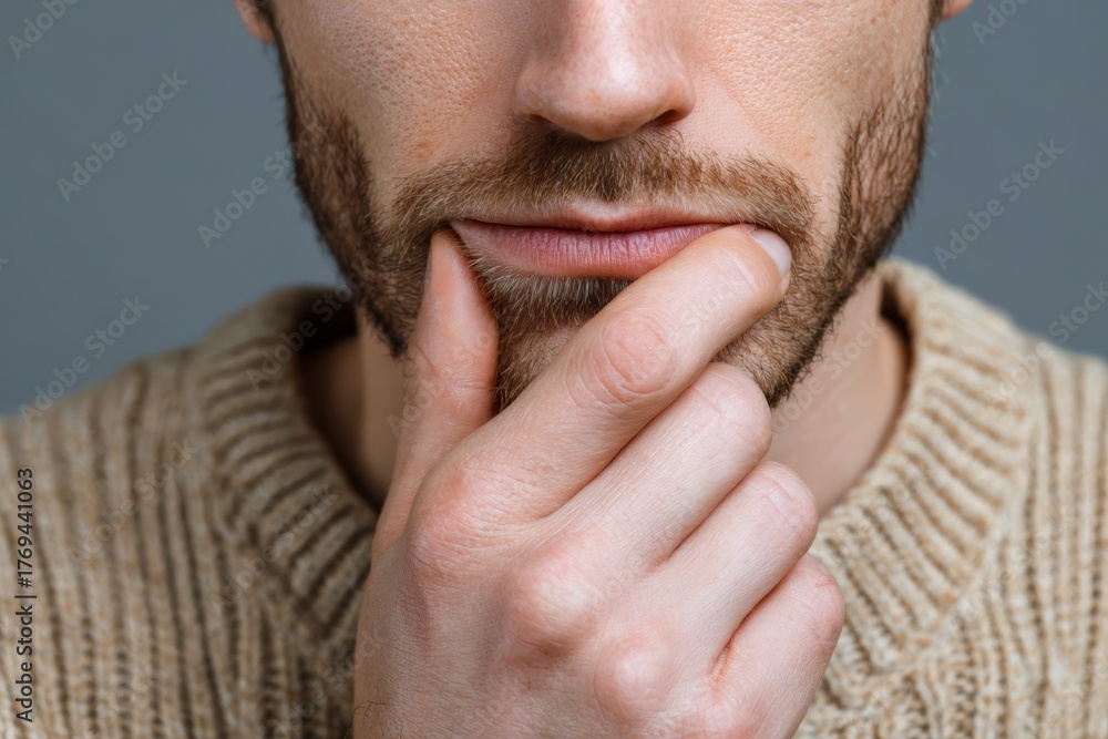 Fototapeta premium Man pressing lips together in tension, showing pressure of decision-making or focus.