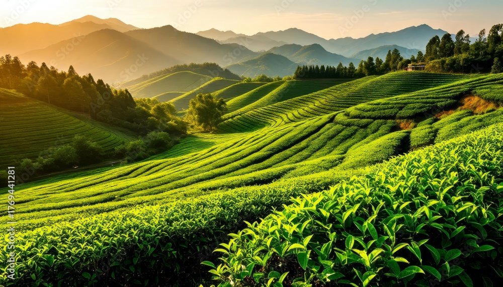 Fototapeta premium Gently sloping hills cultivating verdant rows of tea plants under the soft light of dawn or dusk, illustrating agricultural beauty and a serene landscape