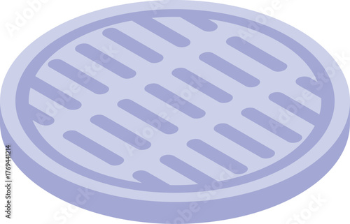 Isometric projection of a round metal manhole cover, a crucial part of urban infrastructure, ensuring safety and access to underground utilities