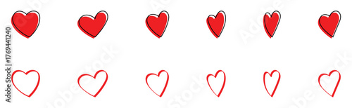 Valentine-day special collection of hand drawn love icons. Vintage hand-made abstract heart icons set on isolated page. Modern graphical outline heart set. EPS 10. 