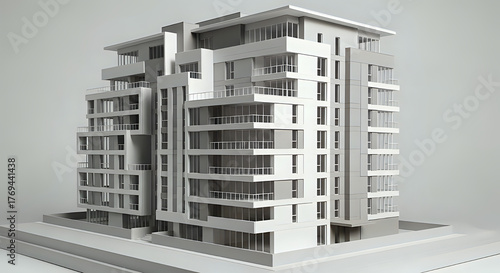 Architectural model of a modern apartment building with balconies and a flat roof on a white background