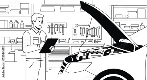 Skilled mechanic inspects engine with clipboard in a well-equipped garage.