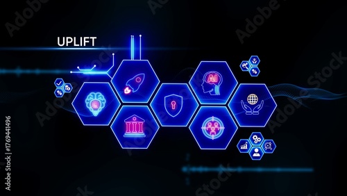 Neon blue hexagon infographic icons with uplift text on dark background abstract analysis
