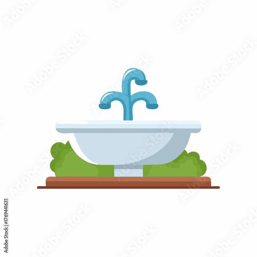 Outdoor Water Fountain in a Garden Setting with Blue Faucet and Green Bushes Surrounding