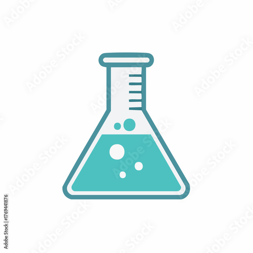 Turquoise liquid laboratory flask illustration with bubbles, science symbol.