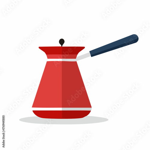 Red cezve coffee pot with lid and handle, minimalist flat design illustration.