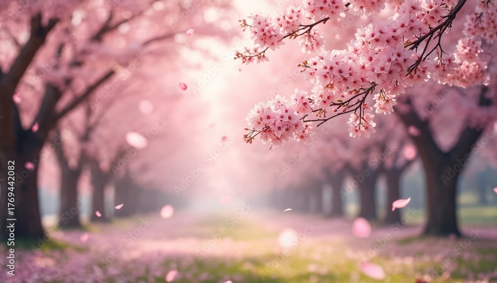 Naklejka premium Pink cherry blossoms line a path in spring. Petals drift down onto grass creating a soft, dreamy scene. Trees form an avenue under bright, blurred light.