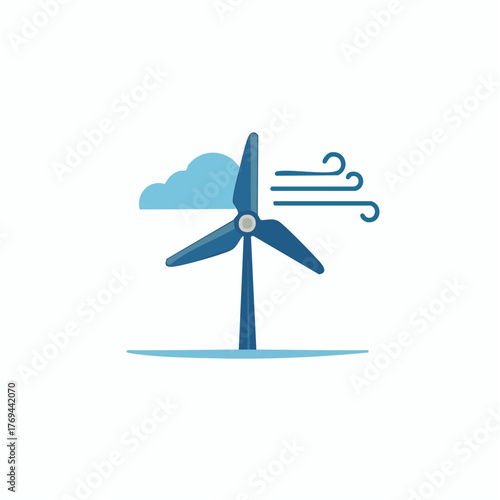 Blue Wind Turbine Icon with Cloud and Wind Illustration, Renewable Energy Concept, Sustainable Power Source, Clean Energy in simple graphics style
