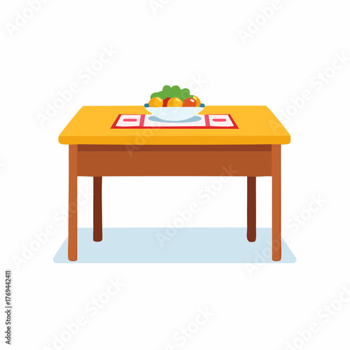 Colorful illustration of a wooden dining table with a bowl of fresh fruits and vegetables