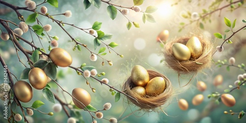 Golden Eggs Nestled Amongst Spring Blossoms A Festive Image of Nature's Rebirth and Abundant Joy