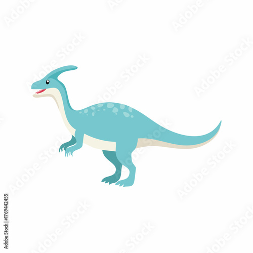 Playful blue Parasaurolophus dinosaur cartoon illustration with distinctive head crest prehistoric animal character