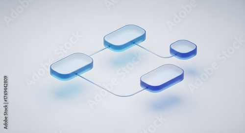 Minimalist 3D render of interconnected blue translucent blocks, visualizing a sophisticated planning and workflow system for enhanced organizational efficiency