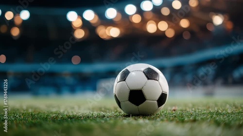 A close-up of a black and white soccer ball on green grass. The background features blurred stadium lights, creating a vibrant sports atmosphere.