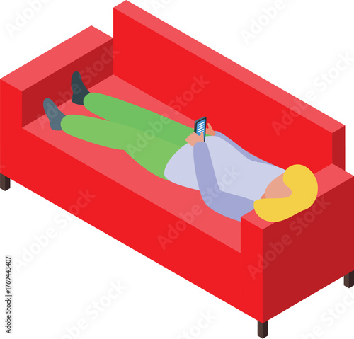 Woman lying on red sofa using smartphone, enjoying leisure time at home