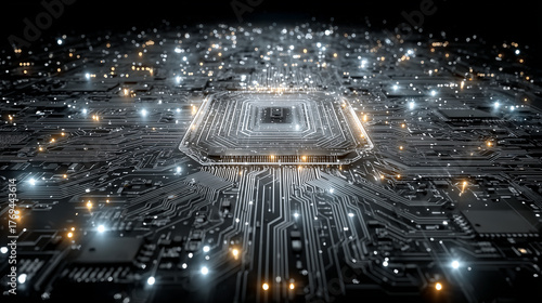 Quantum Circuit Blueprint a detailed abstract blueprint of quantum circuits in glowing blue tones, overlapping transparent layers, precise geometry, microchip style lines and nodes, modern tech concep