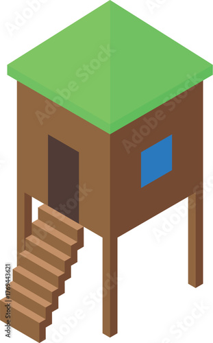 Simple isometric wooden stilt house featuring a green roof, brown walls, a single window, a door, and wooden stairs leading to the entrance