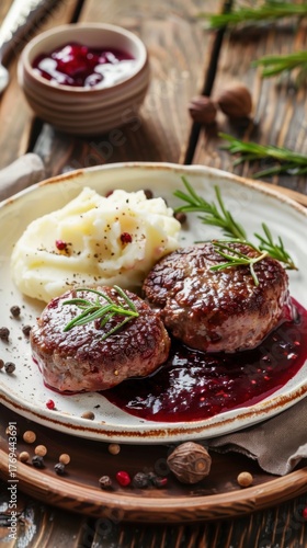 Enjoy wild venison, creamy potatoes, and lingonberry sauce on a rustic plate