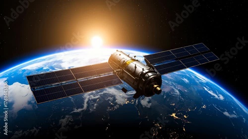 Wallpaper Mural A satellite with solar panels orbits Earth in space with a bright sunset glowing. Represents technology, science, and global communications. Torontodigital.ca