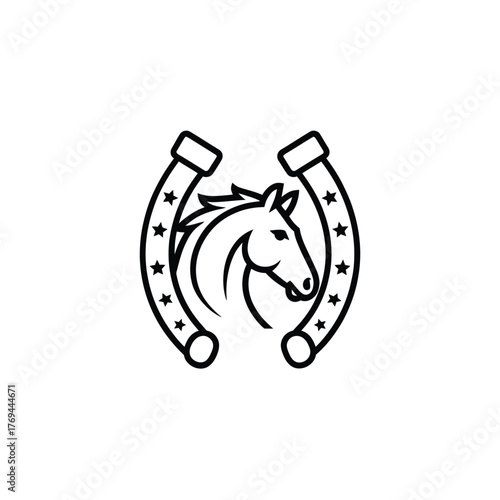 Stylized horse head silhouette between two lucky horseshoes