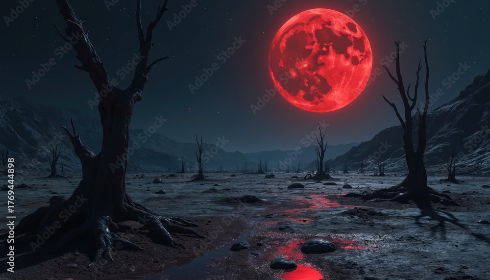 Fototapeta premium Barren landscape under red moon sky. Dead trees stand in dry cracked ground. Red light reflects on wet ground. Distant mountains under dark night.