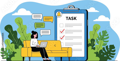 Woman working on laptop on couch, checking tasks on a large clipboard