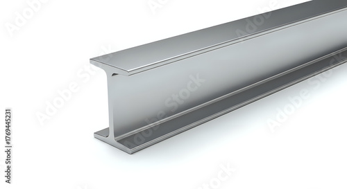 A close up view of a steel i beam isolated on a white background in a studio setting with soft lighting