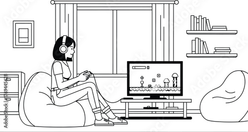 Young woman engrossed in playing video games while relaxing on a comfortable beanbag chair.