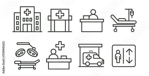Series of medical icons including a hospital, a doctor, a hospital bed