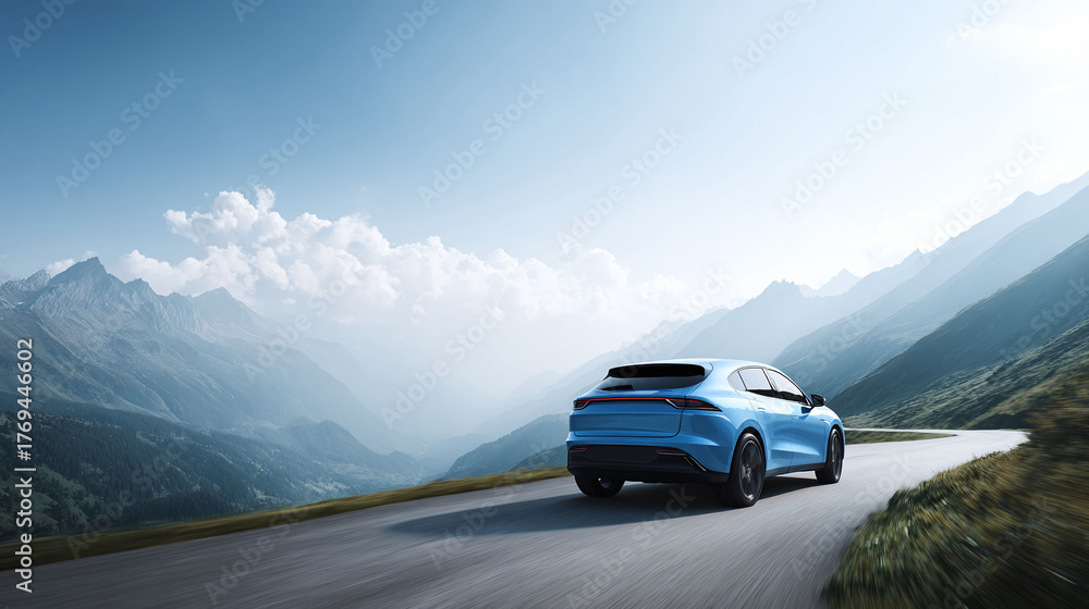Fototapeta premium A blue car drives on a scenic mountain road, conveying freedom, adventure, and modern design. Ideal for automotive, travel, lifestyle, or environmental themes.