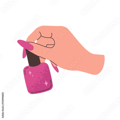 Hand holds gel polish. Manicured hand with long painted nails. Vector illustration for the beauty industry, nail service