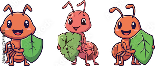 Cute Ants Carrying Green Leaf Cartoon Illustrations Delightful Exuberant Lively Animated Insect Vector Characters Art