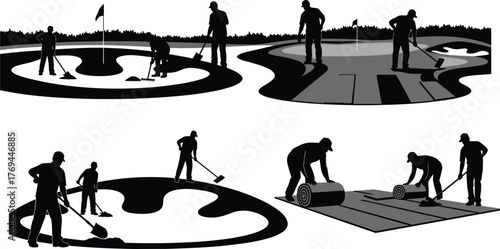 Silhouette vector illustration of workers constructing golf course putting green with turf, sand bunker, tools, teamwork, landscaping, maintenance, safety, and industry