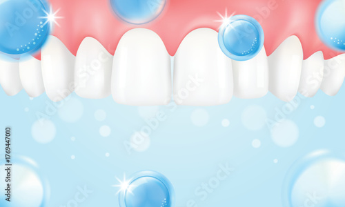 3D Realistic Vector illustration of sparkling bubbles on healthy upper teeth. Teeth whitening or cleaning concept.