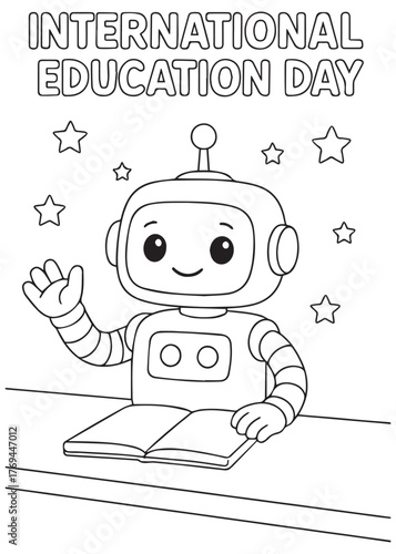 coloring book Cute robot with book celebrating International Education Day, technology and education theme