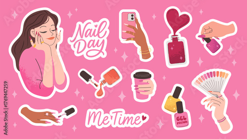 Nail Day Stickers. Labels for beauty routines, nail care and gel polish application. Vector printable stickers