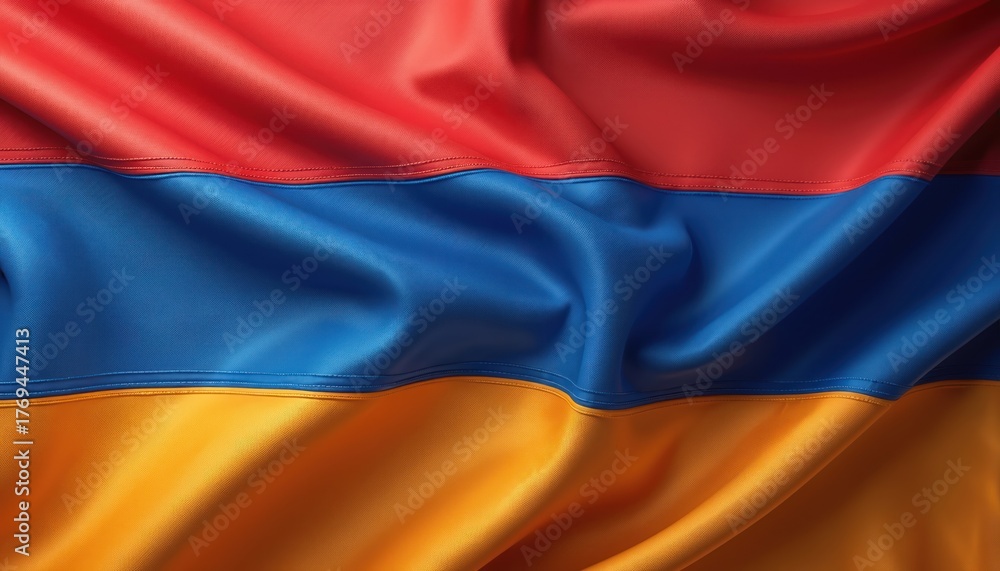 Fototapeta premium Armenia national flag fabric waves in wind. Red blue orange tricolor banner signifies country symbol, emblem, and patriotism. Patriotic symbol of Armenian nation and state.