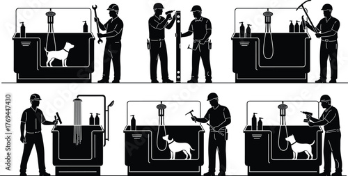 Silhouette vector illustration of workers constructing and using dog washing station with tools, grooming, bathing, drying, safety, teamwork, and industry