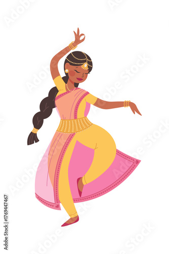 Dancing Indian girl in traditional costume. Indian woman, dark skinned woman on white background. Flat cartoon illustration
