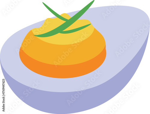 Half of a hard boiled egg filled with creamy yolk mixture and garnished with fresh chives, creating a visually appealing and tasty appetizer