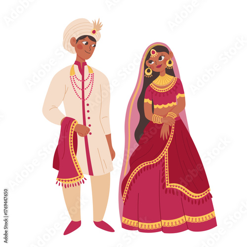 Indian woman and man in traditional clothes. Indian wedding, couple in Indian costumes. Flat cartoon illustration