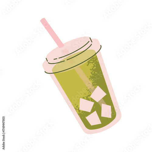 Matcha tea with ice cubes. Matcha drink in plastic cup with straw. Flat vector illustration isolated