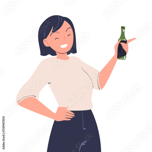 Woman with Alcohol Drink and Beverage in Bottle Vector Illustration