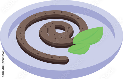 Mosquito repellent coil placed on a plate with mint leaves burning slowly, releasing insecticide