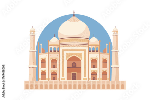 Taj Mahal on white background. Indian cultural architecture, famous building. Indian mosque, mausoleum, palace. Flat vector illustration