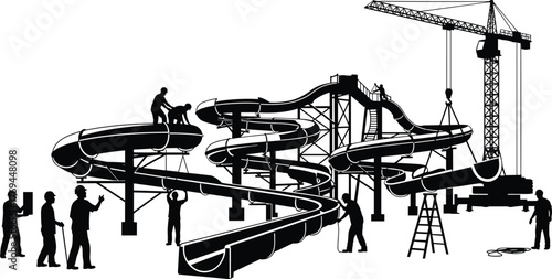 Silhouette vector illustration of workers constructing large twisting water slide with crane, ladder, teamwork, safety, assembly, amusement park, recreation, and industry