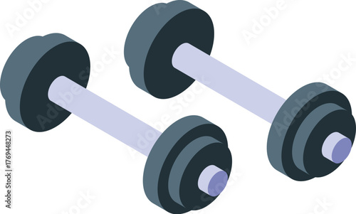 Pair of gray metal dumbbells with weights for strength training exercises, promoting fitness and active lifestyle