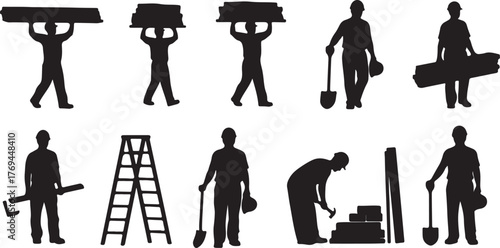 Silhouette of construction workers in various poses