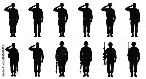 Silhouette of soldiers saluting in various poses vector illustration